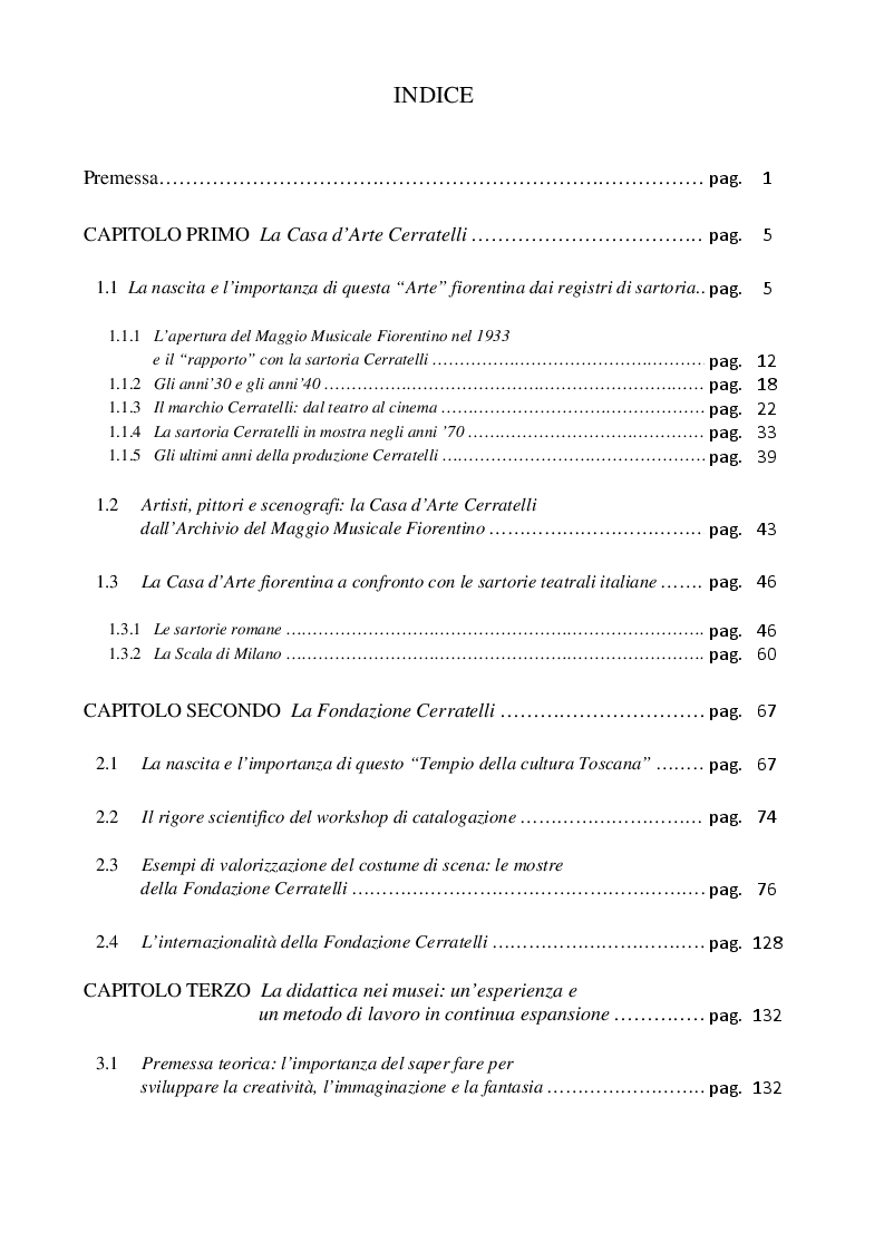 Indice della tesi: Il costume di scena oggetto d'arte e strumento comunicativo nei laboratori didattici della Fondazione Cerratelli, Pagina 1