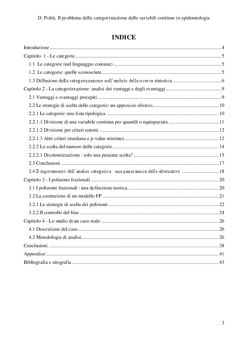 Indice della tesi: Il problema della categorizzazione delle variabili continue in Epidemiologia, Pagina 1