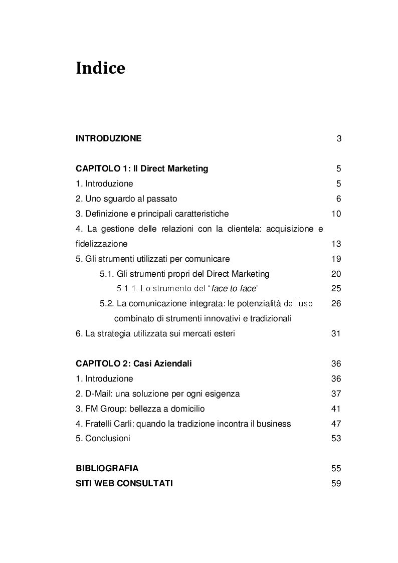 Indice della tesi: Direct Marketing: esperienze d'uso sul mercato italiano, Pagina 1