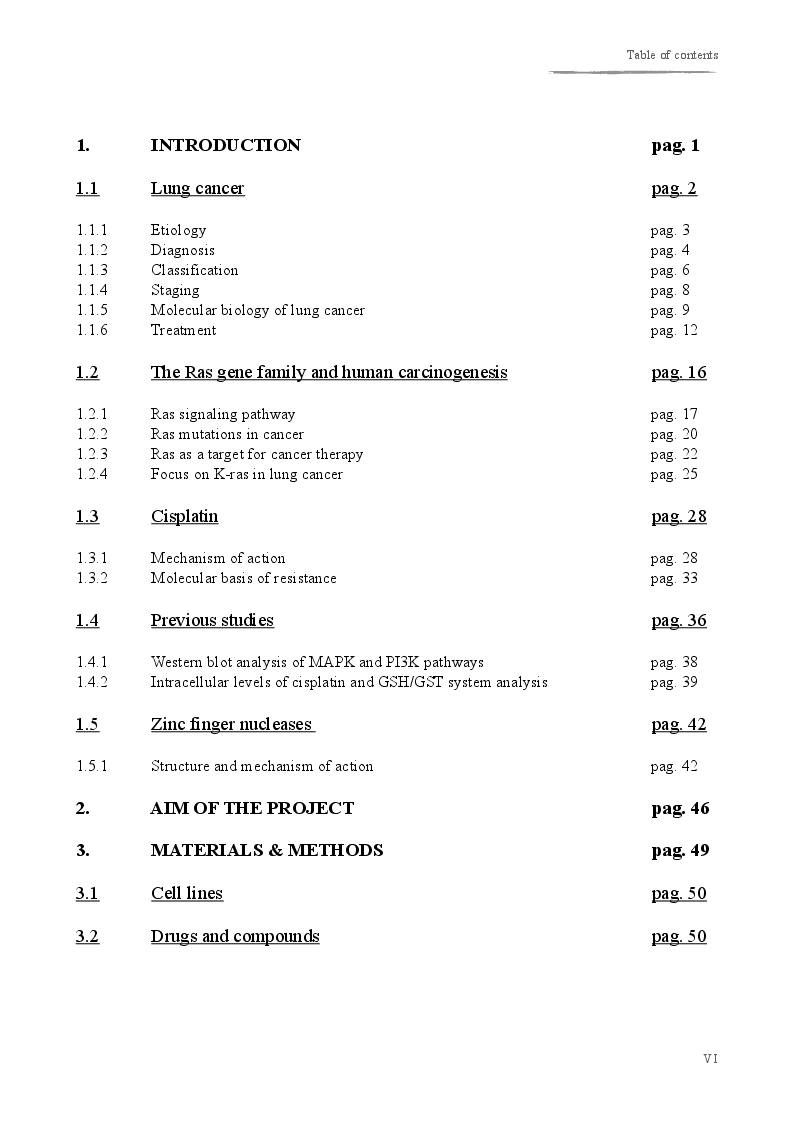 Indice della tesi: Impact of different K-ras mutations on tumor progression and drug sensitivity in non-small-cell lung cancer, Pagina 1