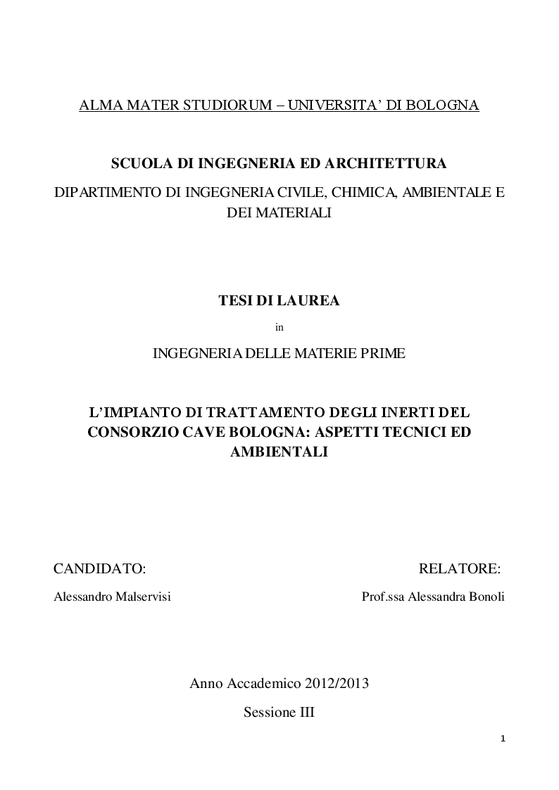 Anteprima della tesi: L'impianto di trattamento degli inerti del Consorzio Cave Bologna: aspetti tecnici ed ambientali, Pagina 1