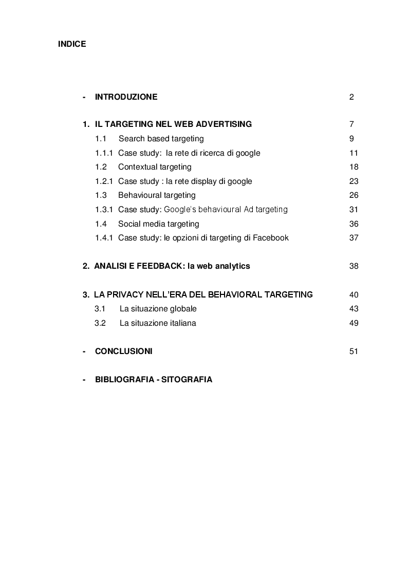 Indice della tesi: "Targeting 2.0": fondamenti, tecniche e questioni connesse alla privacy, Pagina 1