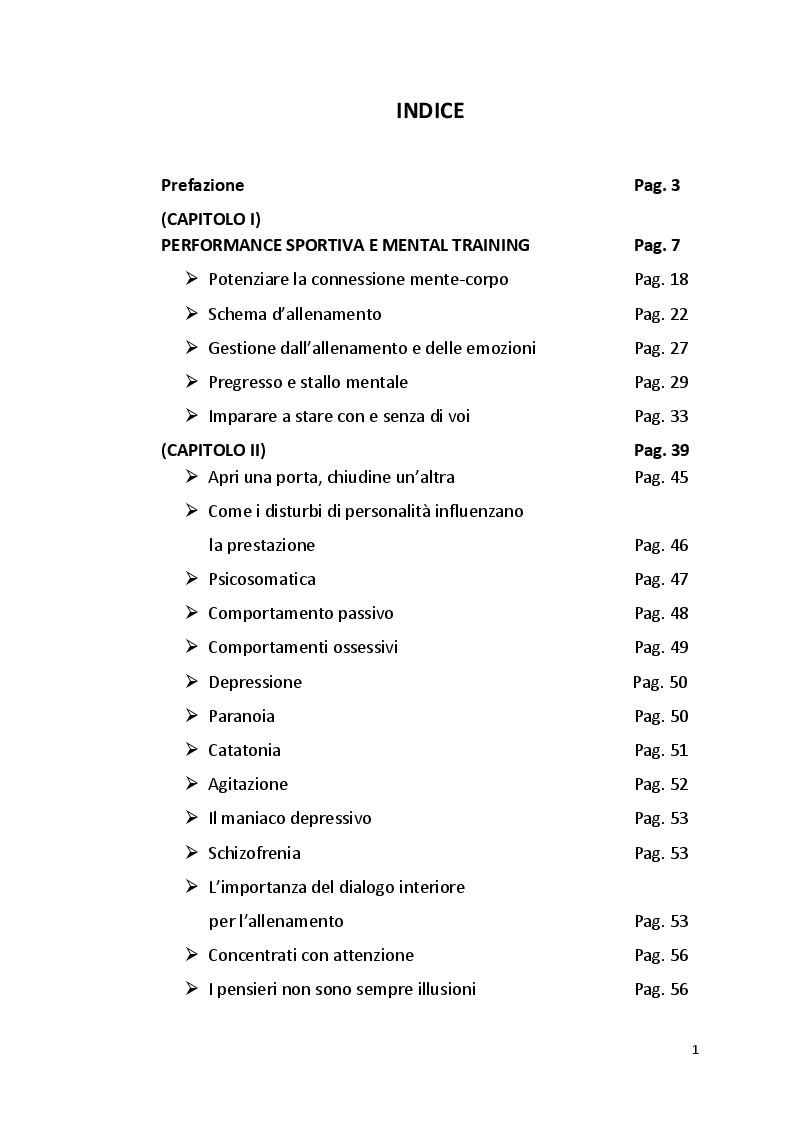 Indice della tesi: Performance sportiva e mental training, Pagina 1