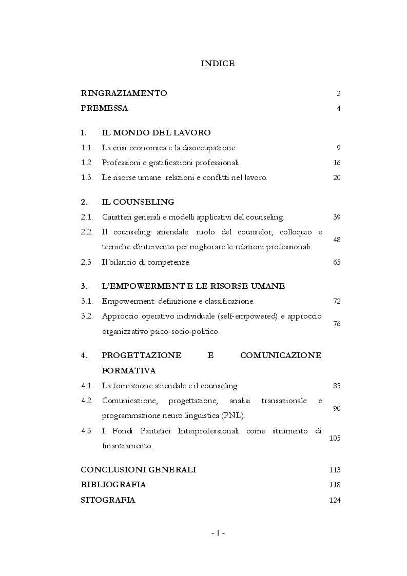 Indice della tesi: Il Counseling nel mondo del lavoro: empowerment, progettazione e comunicazione formativa nelle aziende, Pagina 1