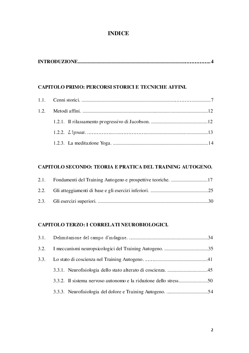 Indice della tesi: La tecnica del Training Autogeno. Correlati neurobiologici e applicazioni cliniche., Pagina 1