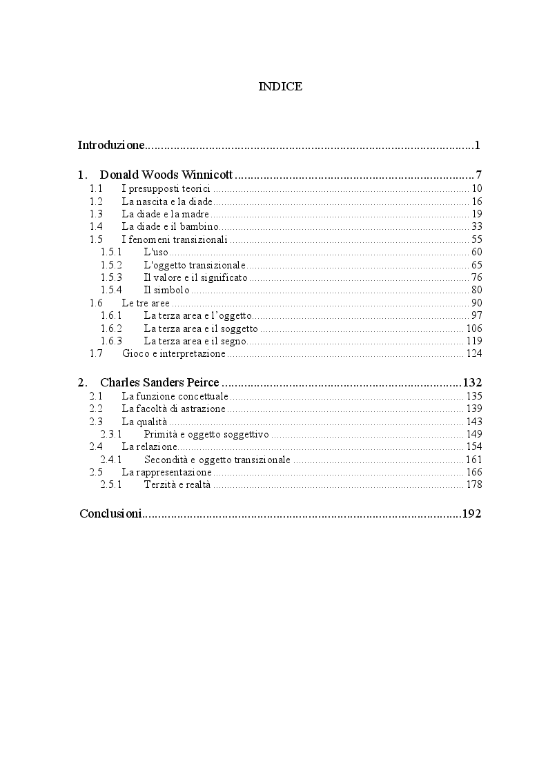 Indice della tesi: Gioco e Interpretazione: un confronto tra la psicologia di Winnicott e la semiotica di Peirce, Pagina 1