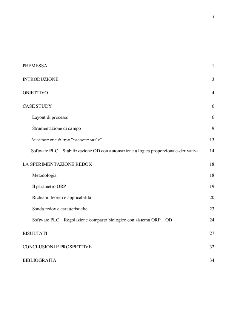 Indice della tesi: Automazione del comparto biologico di un impianto di trattamento acque reflue civili a fanghi attivi, mediante sonde Ox-Redox con telegestione su cloud, Pagina 1
