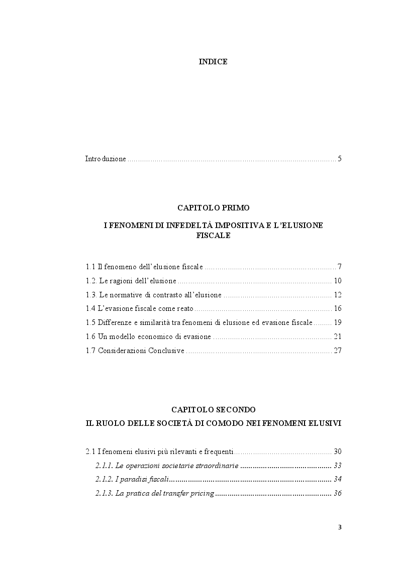 Indice della tesi: Pratiche elusive e loro contrasto: il caso delle società di comodo , Pagina 1