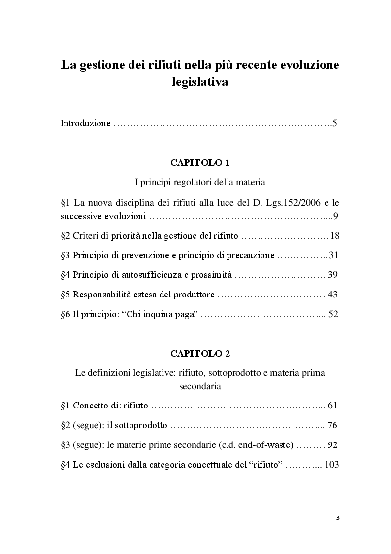 Indice della tesi: La gestione dei rifiuti nella più recente evoluzione legislativa, Pagina 1