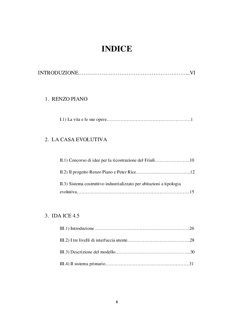 Indice della tesi: Analisi Energetica ed ipotesi di ''Retrofit'' della casa evolutiva di Renzo Piano a Solomeo (Perugia), Pagina 1