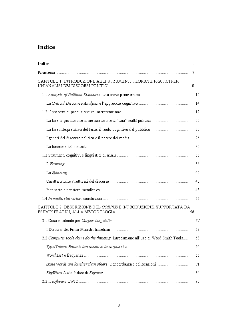 Indice della tesi: Il discorso politico dei Primi Ministri israeliani. Un’analisi linguistica basata su un corpus., Pagina 1