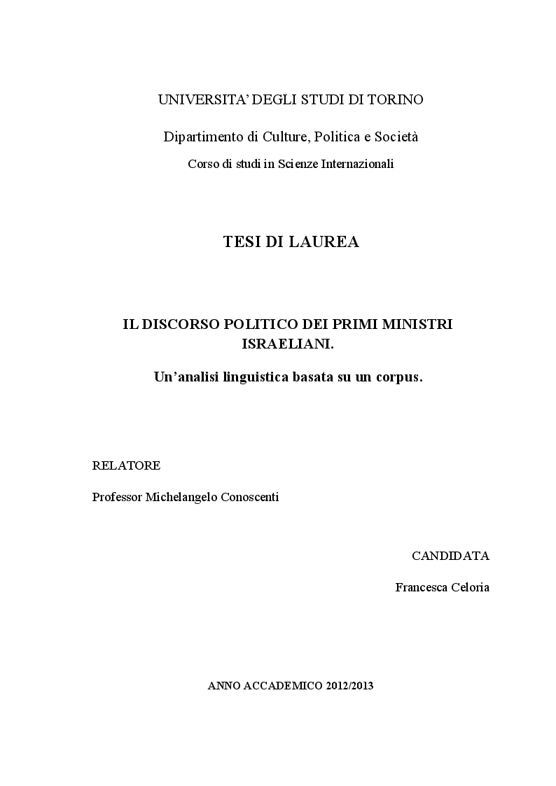Anteprima della tesi: Il discorso politico dei Primi Ministri israeliani. Un’analisi linguistica basata su un corpus., Pagina 1