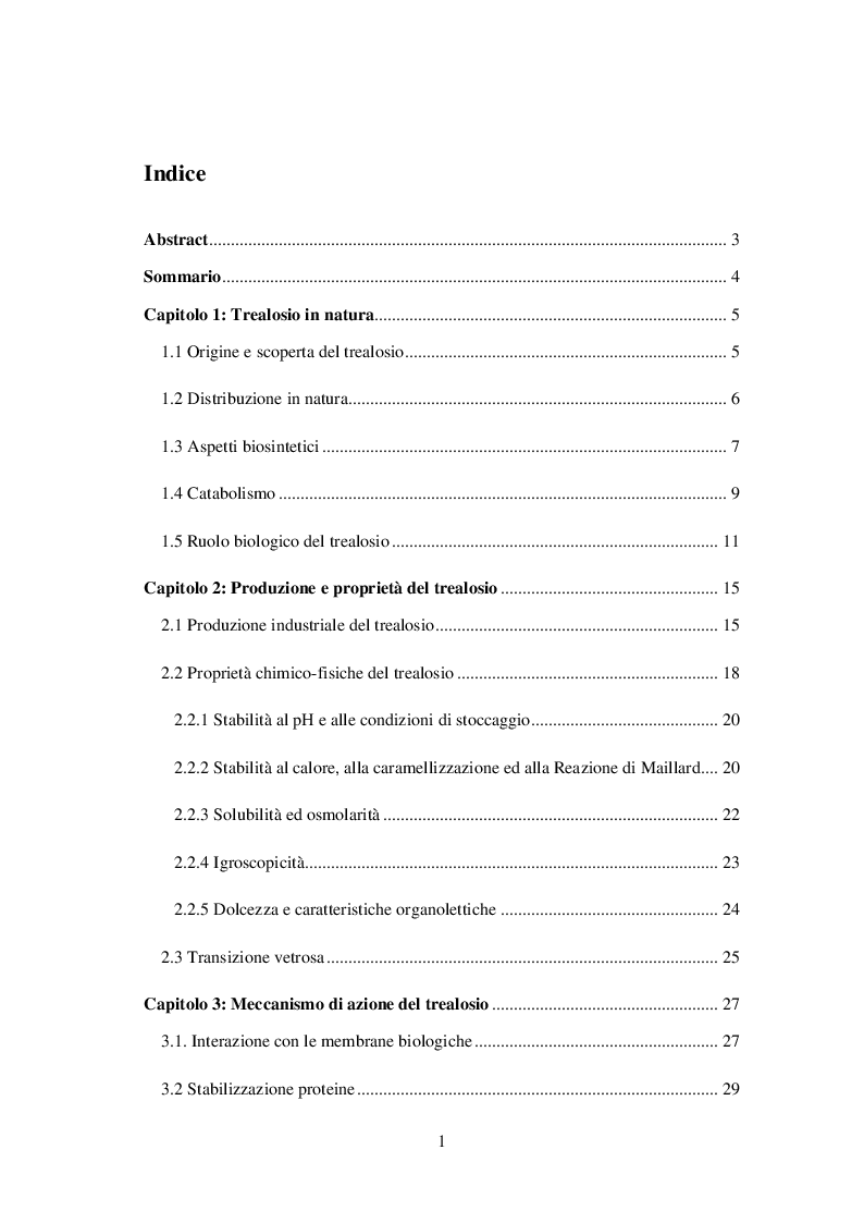 Indice della tesi: Il trealosio: proprietà funzionali ed applicazioni in campo alimentare, Pagina 1