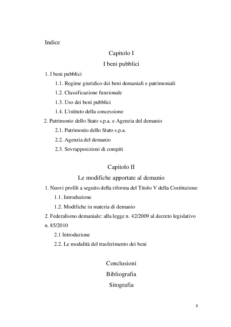 Indice della tesi: I beni pubblici e le modifiche apportate al demanio, Pagina 1