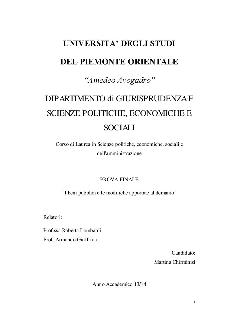 Anteprima della tesi: I beni pubblici e le modifiche apportate al demanio, Pagina 1