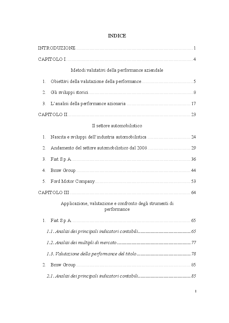 Indice della tesi: Metodi valutativi della performance: l'analisi del settore automobilistico, Pagina 1