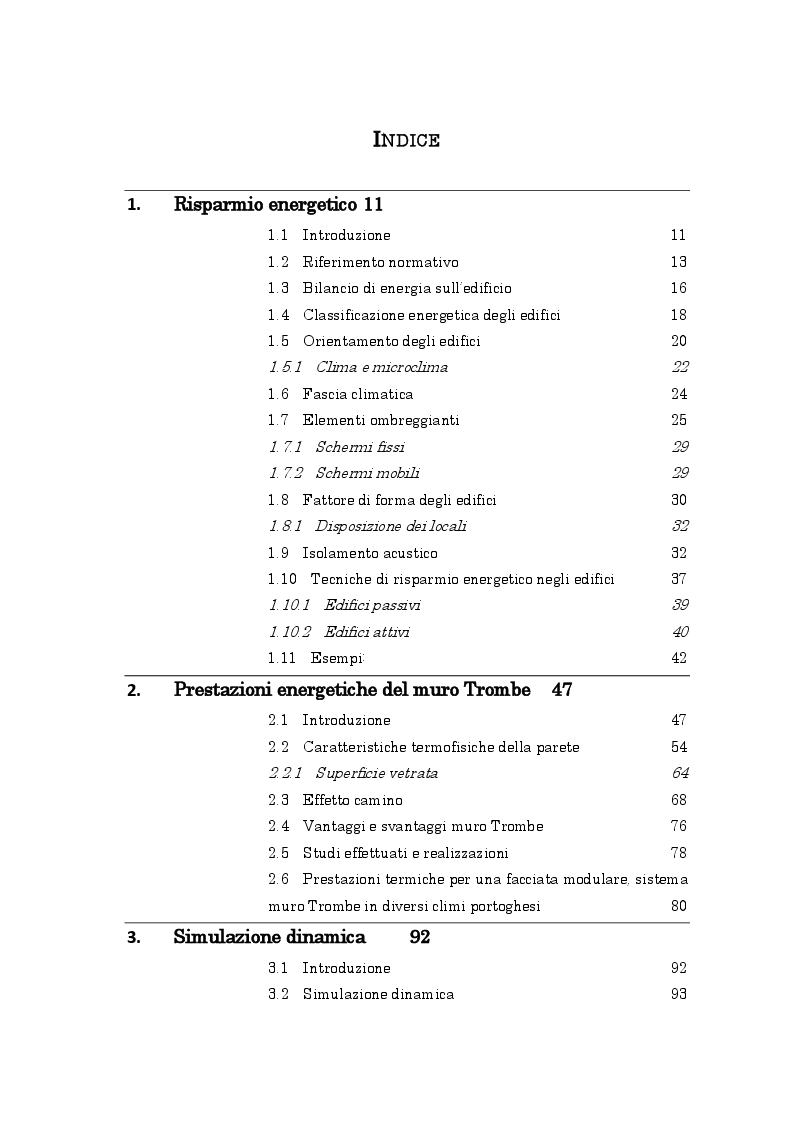 Indice della tesi: Analisi delle prestazioni energetiche di un muro di Trombe, Pagina 1