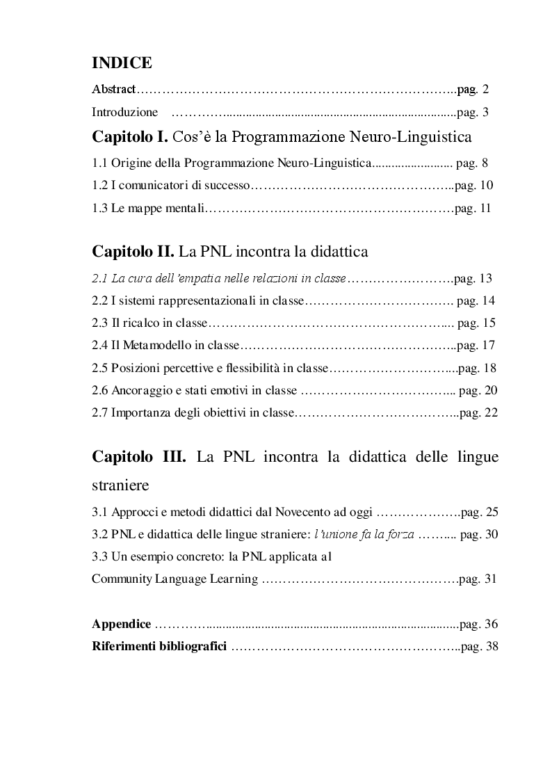 Indice della tesi: Programmazione Neuro-Linguistica applicata alla didattica delle lingue straniere, Pagina 1