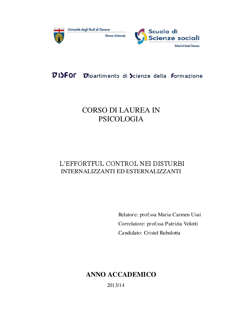 Anteprima della tesi: L' Effortful Control nei disturbi internalizzanti ed esternalizzanti, Pagina 1