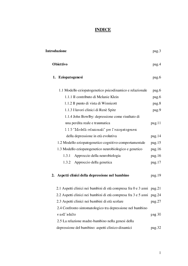Indice della tesi: La depressione infantile, Pagina 1
