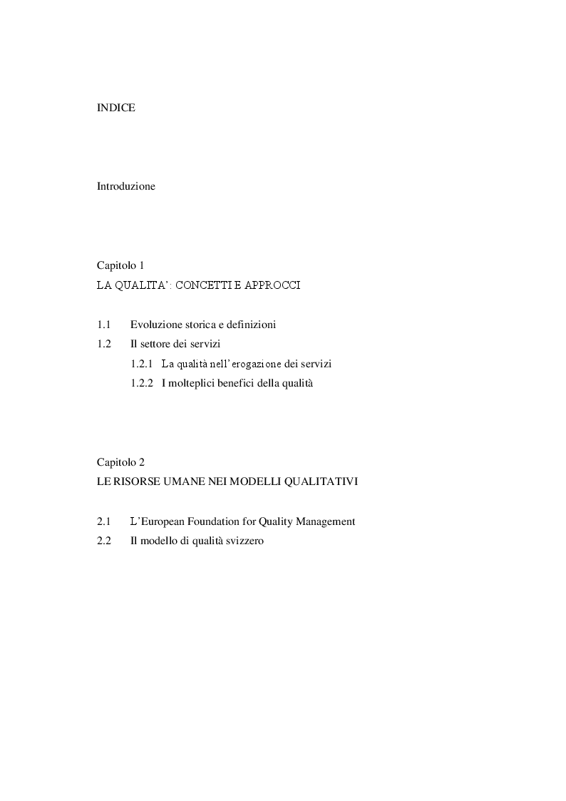Indice della tesi: Le risorse umane: un fattore chiave nella qualità dell'industria alberghiera, Pagina 1