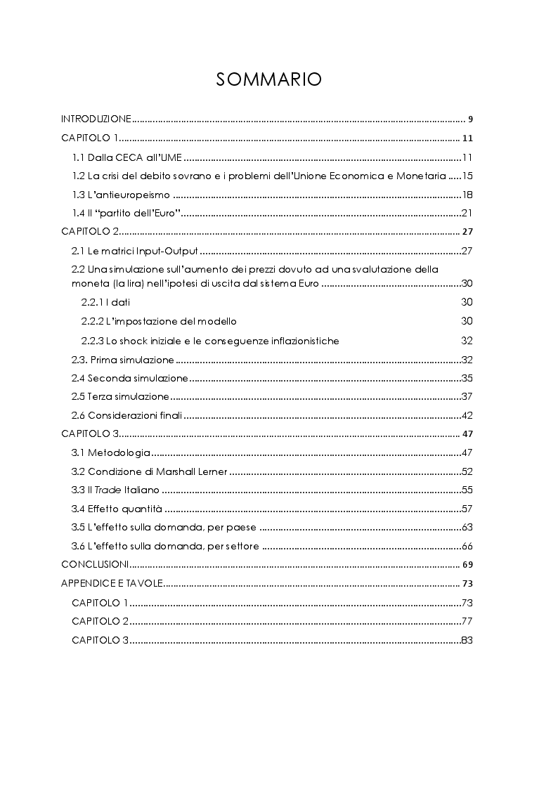 Indice della tesi: Svalutazioni competitive: un’analisi comparata degli effetti su prezzi e quantità. Il caso italiano, Pagina 1