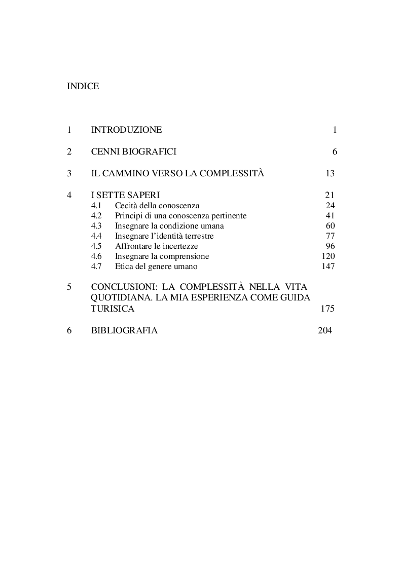 Indice della tesi: Il concetto di complessità in Edgar Morin, Pagina 1