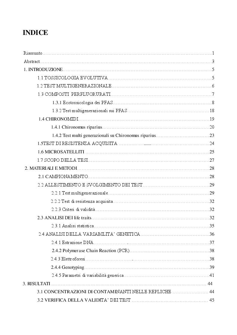 Indice della tesi: Analisi multigenerazionale degli effetti di composti perfluorurati (PFAS) su Chironomus riparius (insetti, ditteri): parametri di variabilità genetica e di life-history, Pagina 1