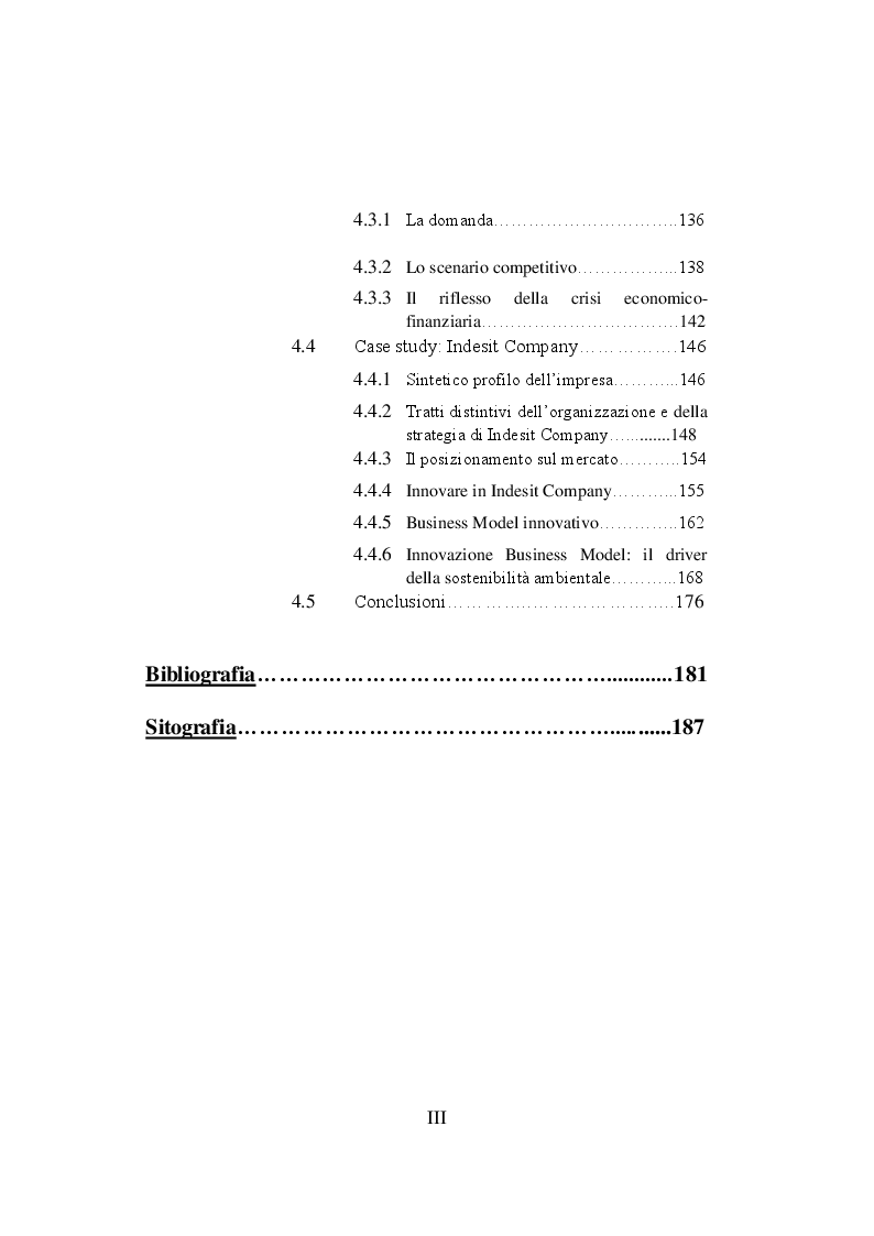 Indice della tesi: L'innovazione del business model nei settori produttivi maturi: il caso Indesit Company, Pagina 3