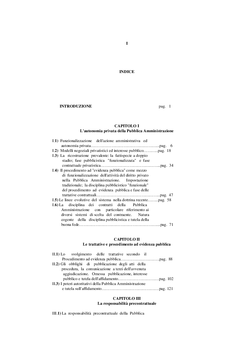 Indice della tesi: La responsabilità precontrattuale nei contratti della Pubblica Amministrazione, Pagina 1