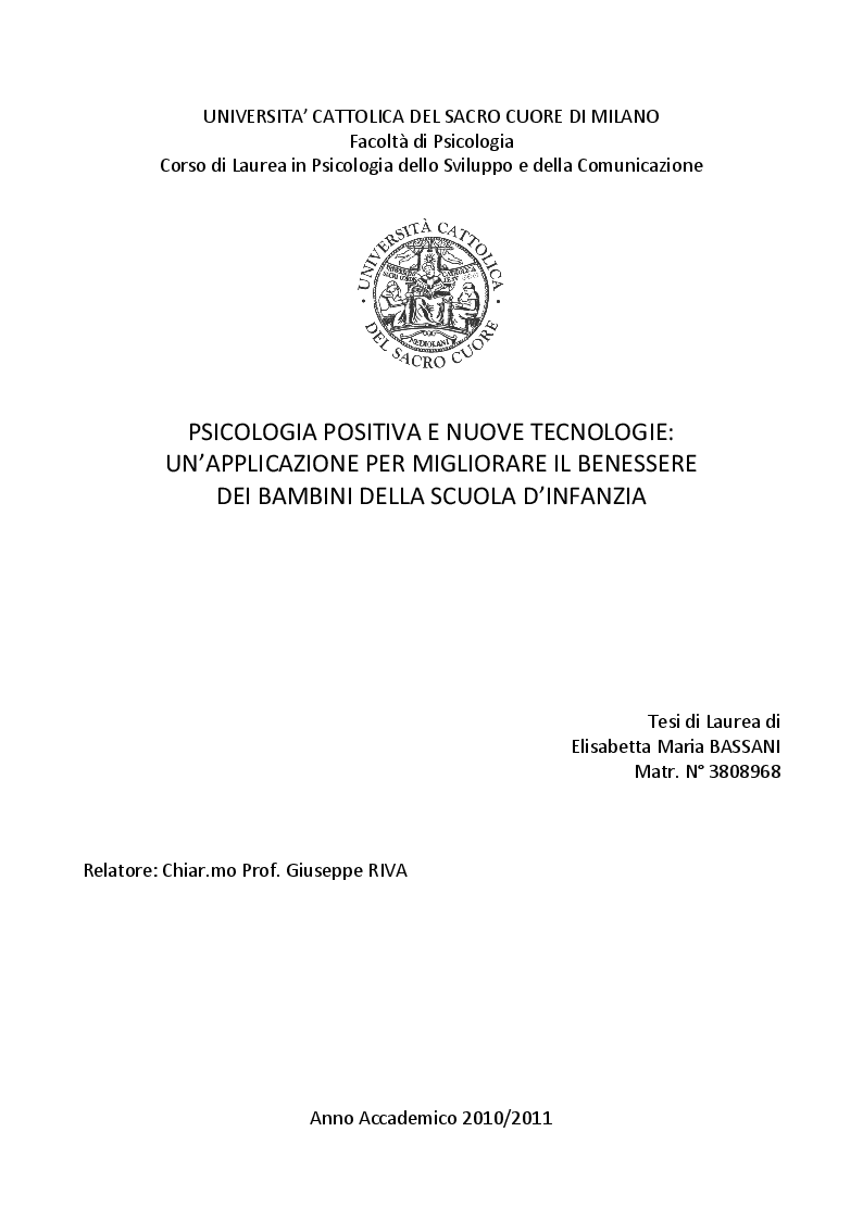 Anteprima della tesi: Psicologia positiva e nuove tecnologie: un'applicazione per migliorare il benessere dei bambini della scuola d'infanzia, Pagina 1