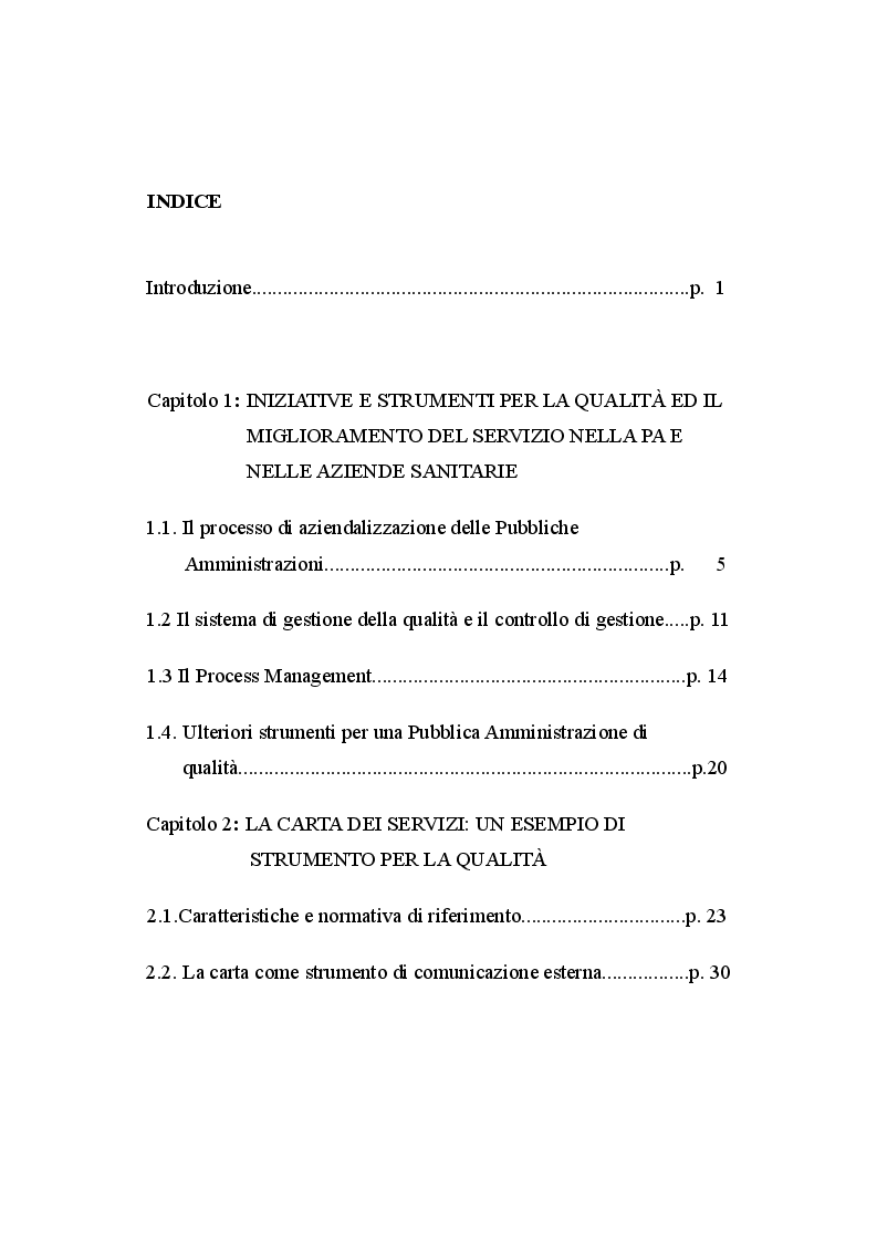 Indice della tesi: La carta dei servizi come strumento per la qualità nelle aziende sanitarie: il caso dell'ASP Ambito 9 di Jesi, Pagina 1