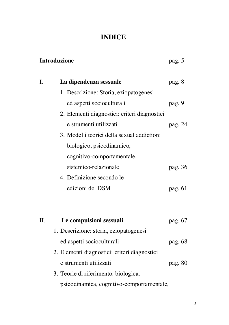 Indice della tesi: Il sesso: come e quando il piacere si trasforma in ossessione, Pagina 1