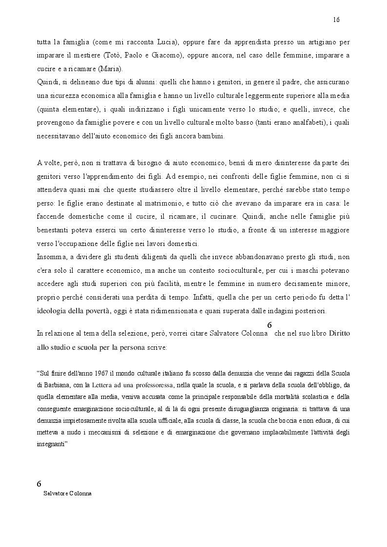 Estratto dalla tesi: Laboratorio Memoria: Formazione scolastica e apprendistato negli anni '50, '60 e '70 del Salento.
