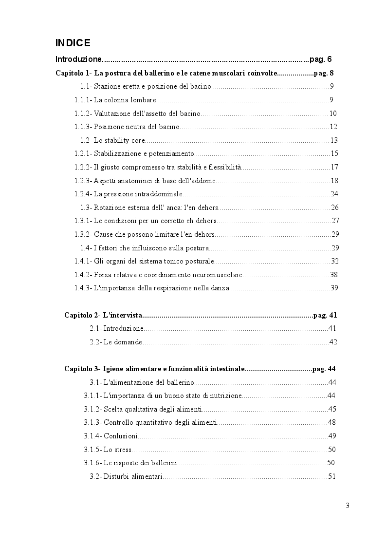 Indice della tesi: Educazione come prevenzione per la sostenibilità del ballerino, Pagina 1