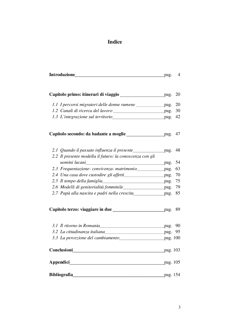 Indice della tesi: Da badante a moglie: un'analisi etnografica delle unioni tra donne rumene e uomini lucani, Pagina 1