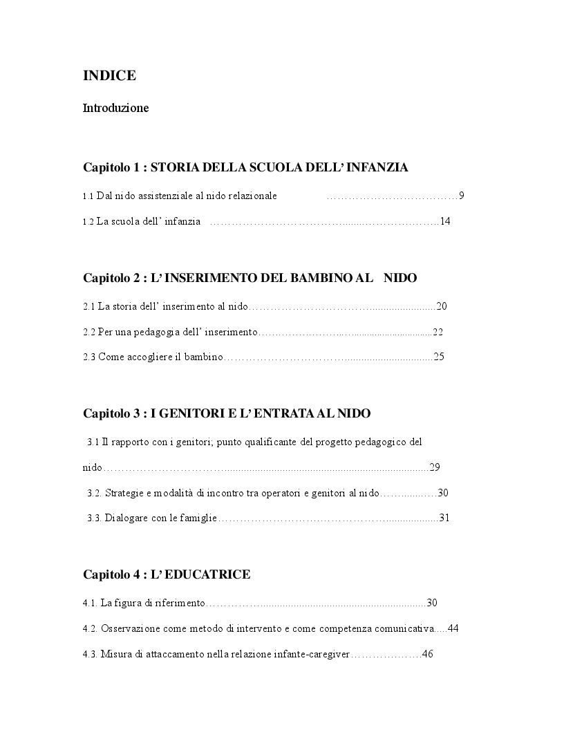 Indice della tesi: Nuove frontiere dell'educazione del bambino al nido, Pagina 1