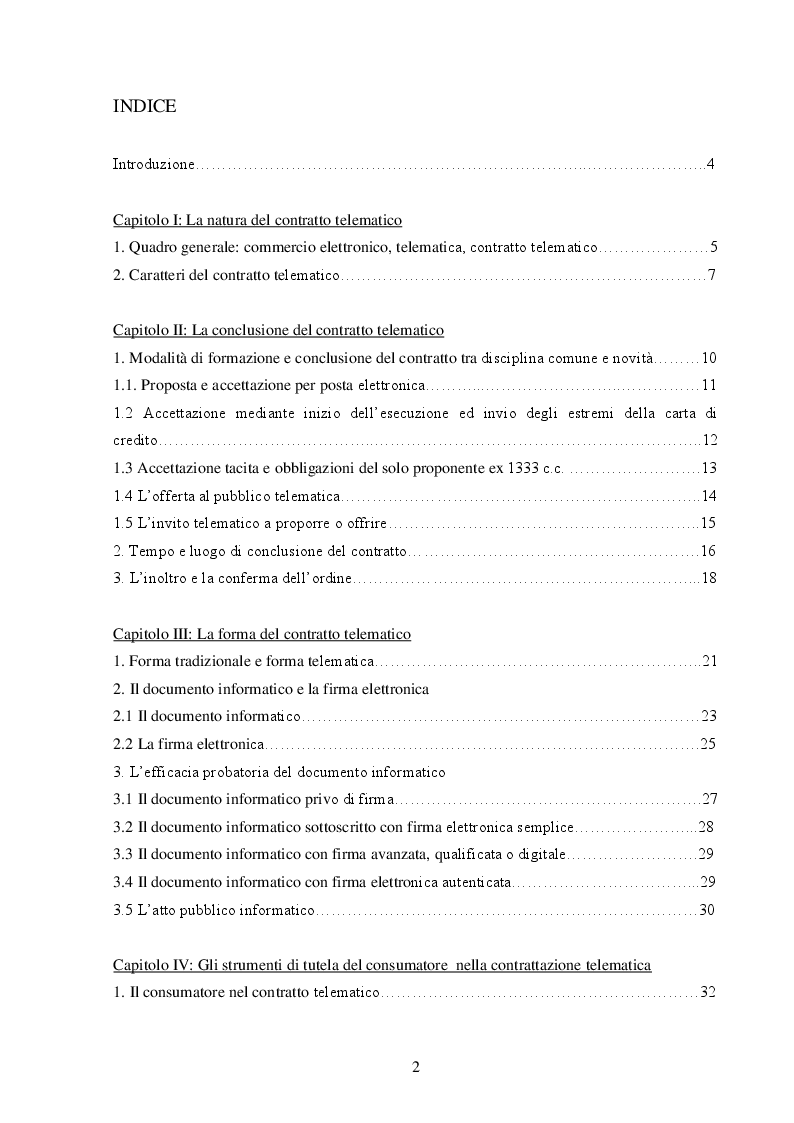 Indice della tesi: Lo scenario giuridico caratterizzante il contratto telematico, Pagina 1