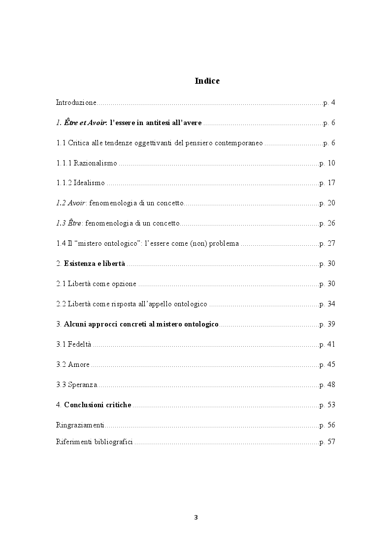 Indice della tesi: Esistenza e libertà. I diari metafisici di Gabriel Marcel, Pagina 1