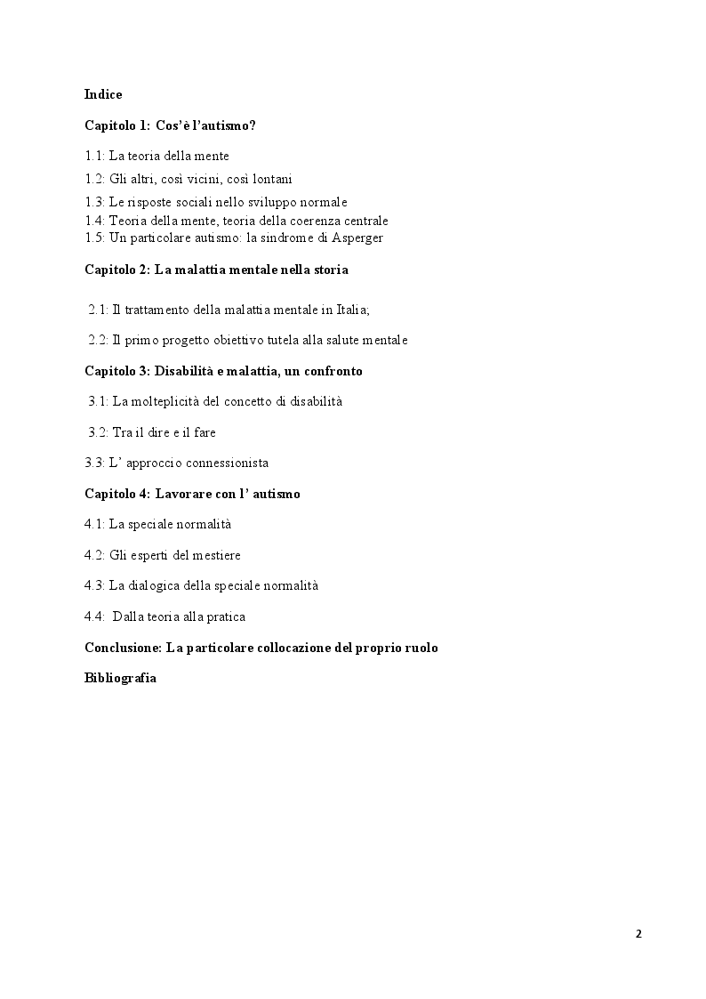 Indice della tesi: Lavorare con la differenza: uno sguardo antropologico sul ruolo degli operatori che lavorano con l'autismo, Pagina 1