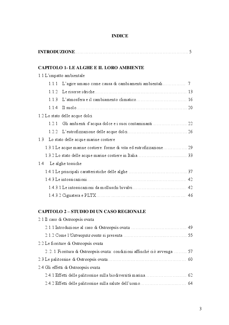 Indice della tesi: Le biotossine algali come esempio di impatto ambientale: il caso di Ostreopsis, Pagina 1