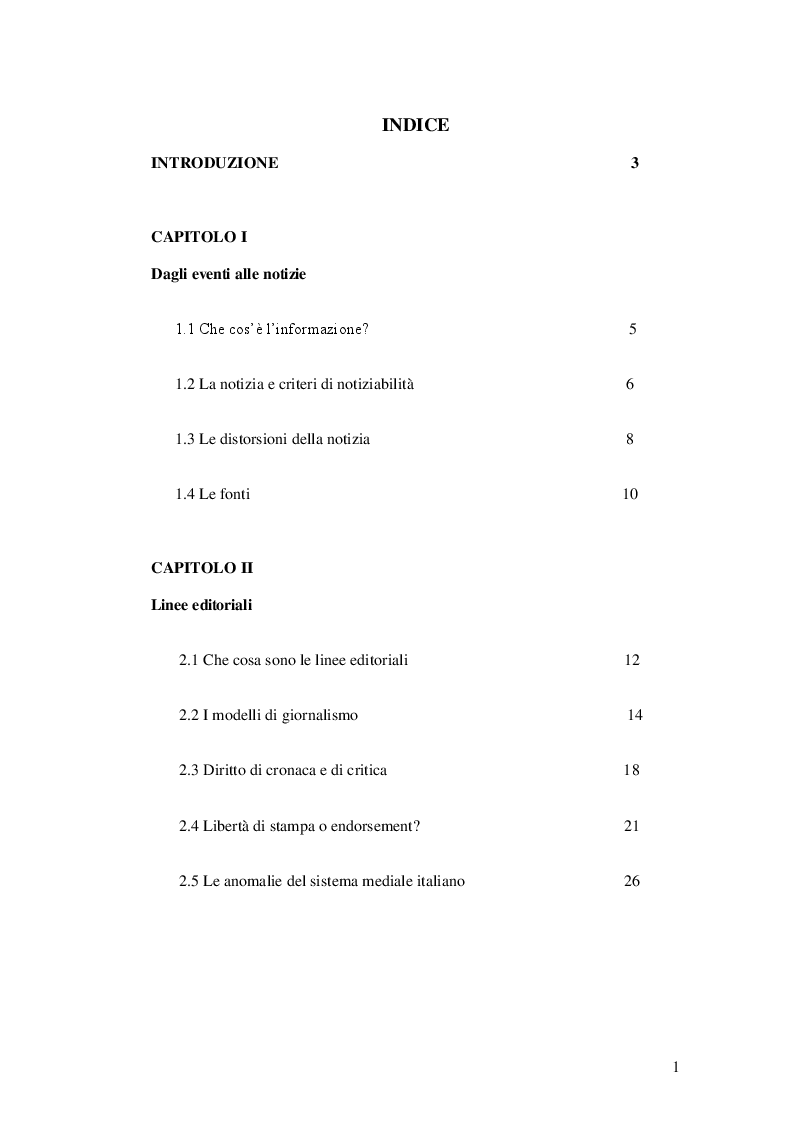 Indice della tesi: Linee editoriali e costruzione della notizia, Pagina 1