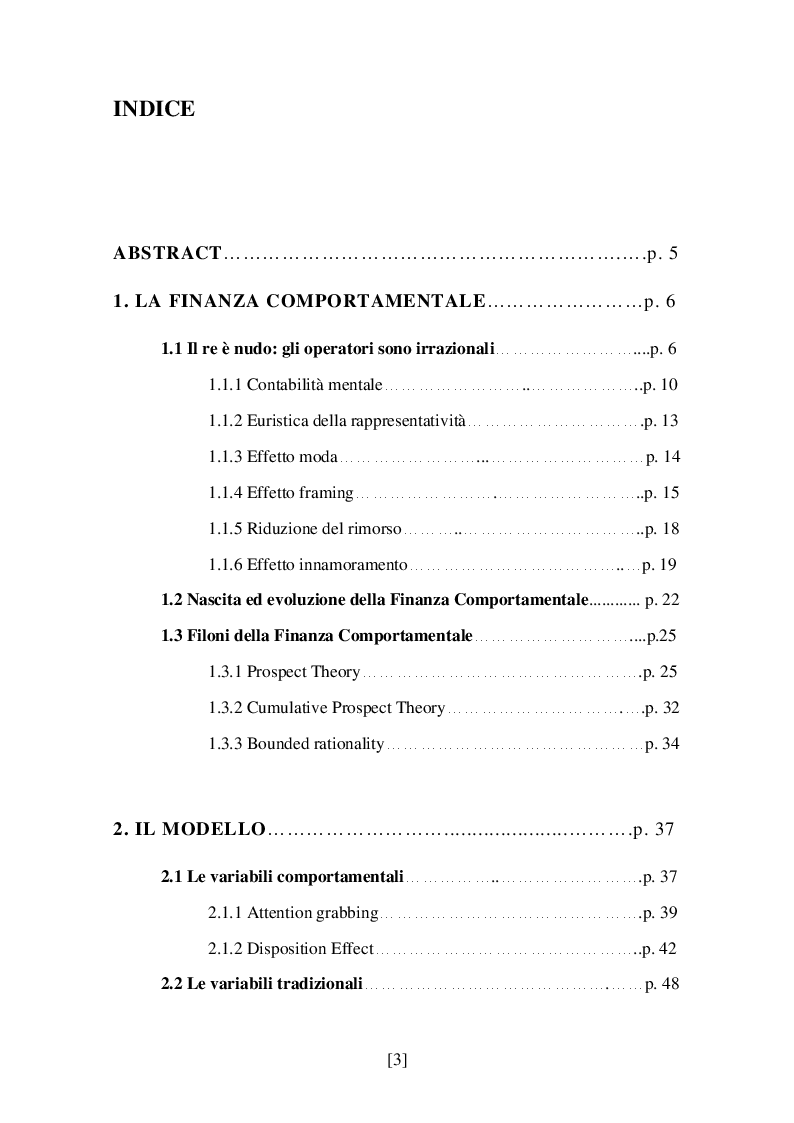Indice della tesi: Razionalità e mercati finanziari: proposta di una rete neurale per la Finanza Comportamentale, Pagina 1