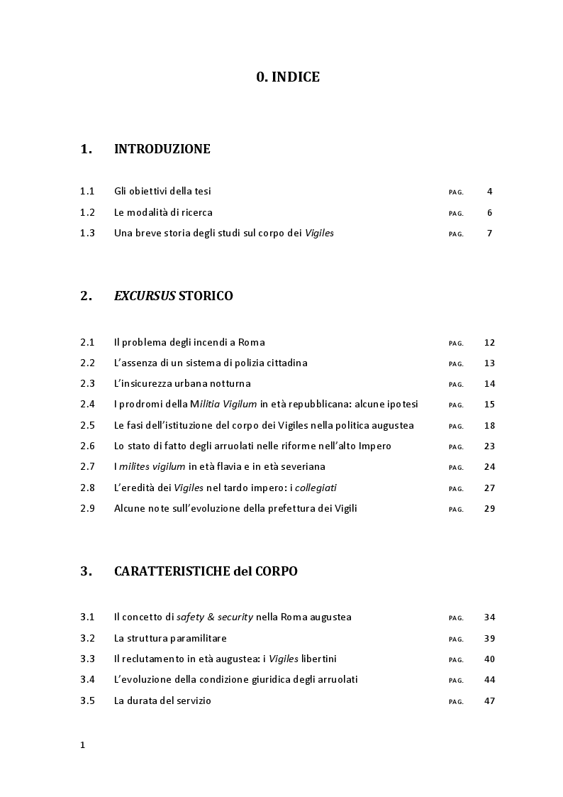 Indice della tesi: Safety & security nella Roma imperiale: la guarnigione urbana dei Vigiles, Pagina 1