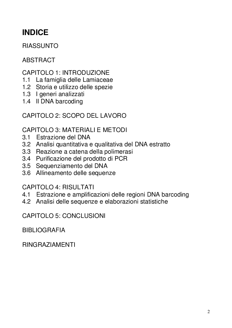 Indice della tesi: Il Dna barcoding per l'identificazione delle piante aromatiche commerciali, Pagina 1