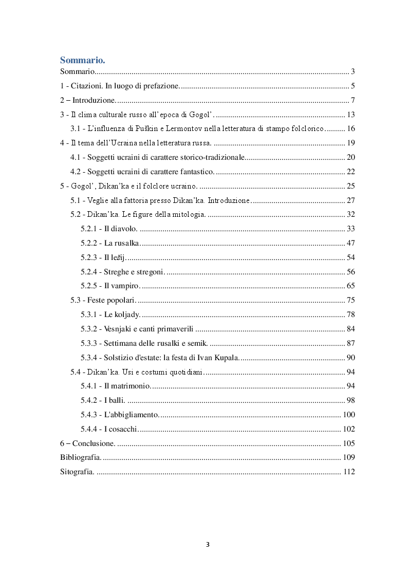 Indice della tesi: L'influenza del folclore ucraino sulla prosa di Nikolaj Vasil'evič Gogol', Pagina 1