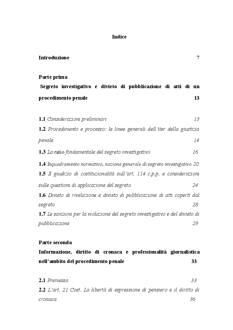Indice della tesi: Il segreto investigativo tra diritto di cronaca e tutela penale, Pagina 1