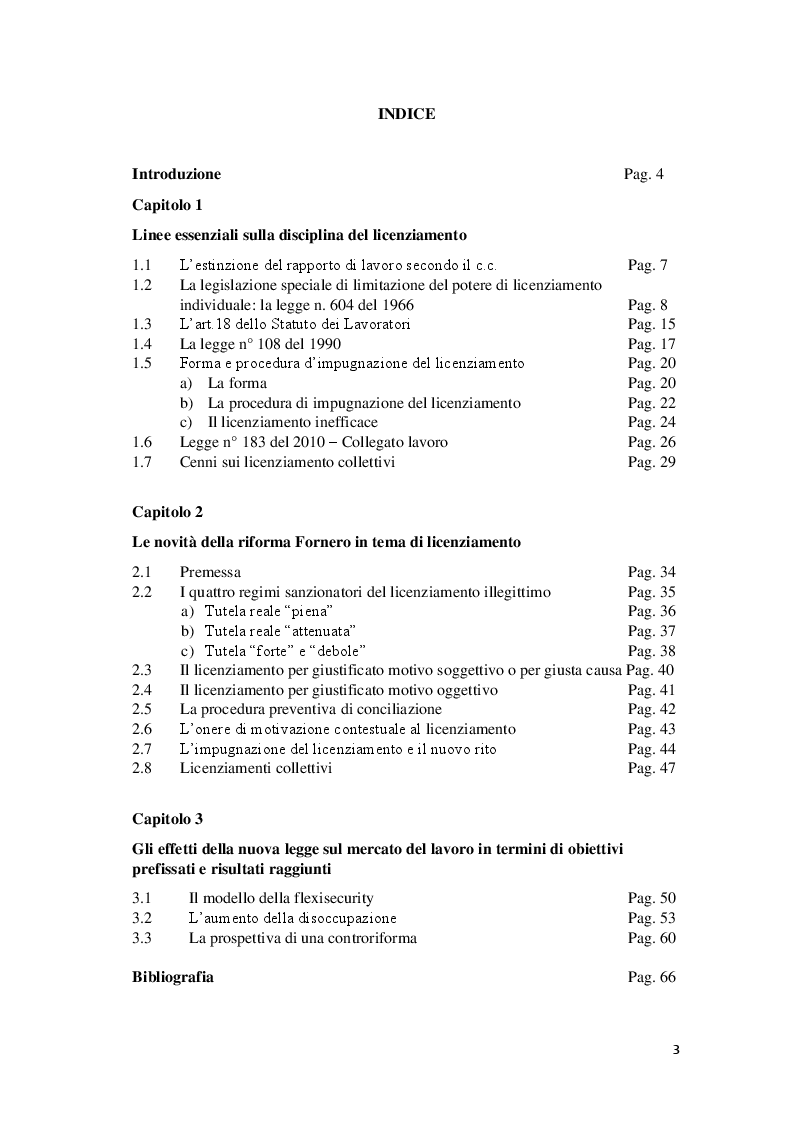 Indice della tesi: La disciplina dei licenziamenti dopo la legge n. 92 del 2012 c.d. legge Fornero, Pagina 1
