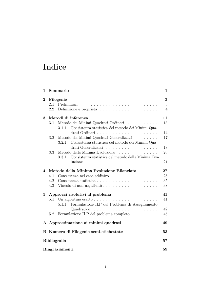 Indice della tesi: Inferenza Filogenetica con il metodo della Minima Evoluzione Bilanciata, Pagina 1