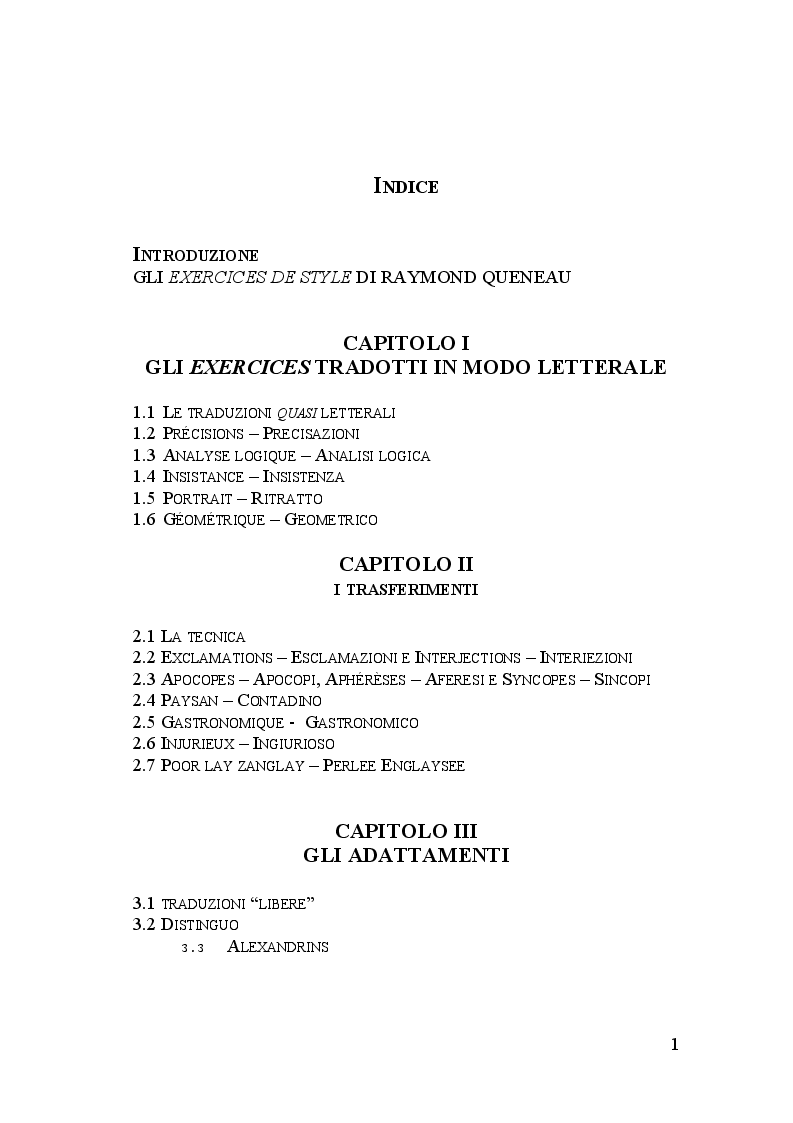 Indice della tesi: Gli Exercices de Style nella traduzione di Umberto Eco, Pagina 1